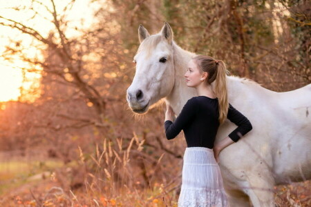 pige, hest, natur