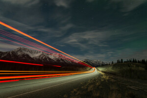 luces, noche, la carretera