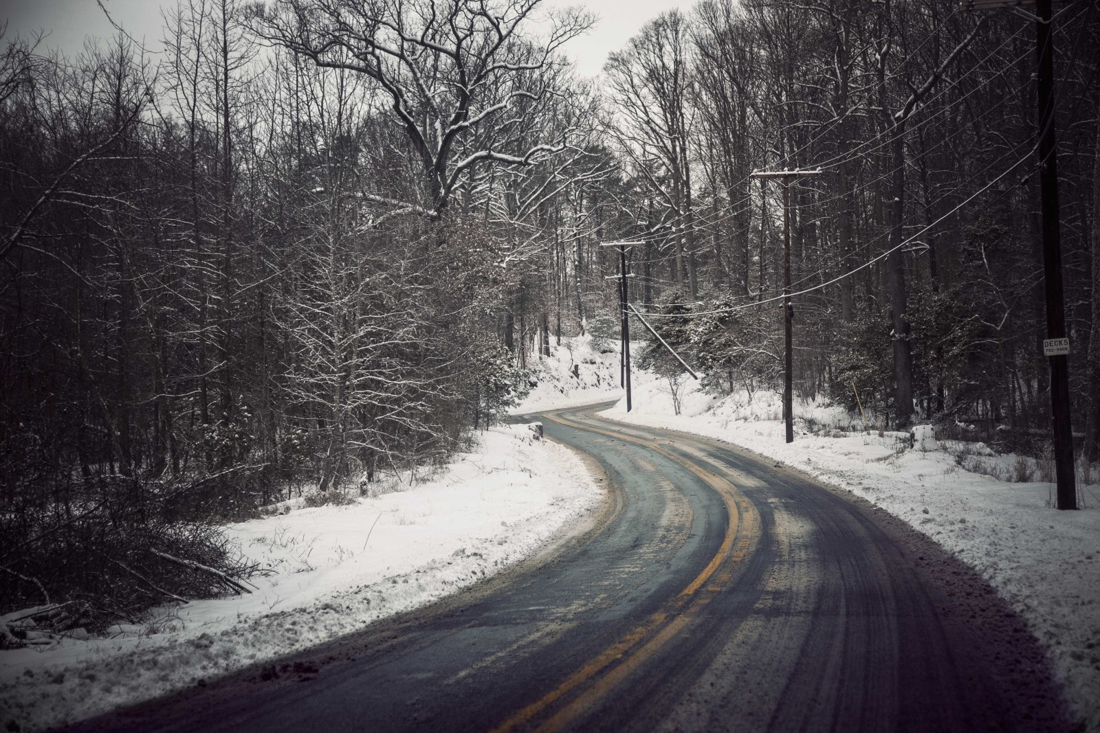 snow, winter, road, trees