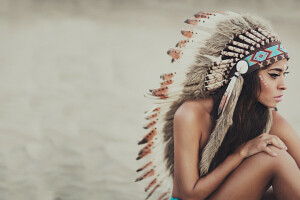 background, face, feathers, girl, headdress, paint