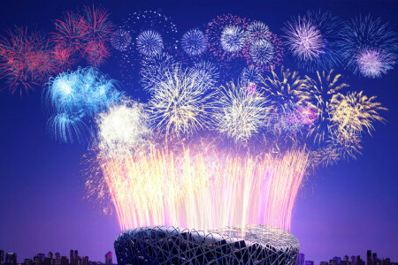 Beijing, China, fireworks, New Year, salute, stadium