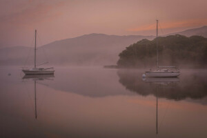 Boot, Nebel, See, Berge, der Himmel, Bäume, Yacht