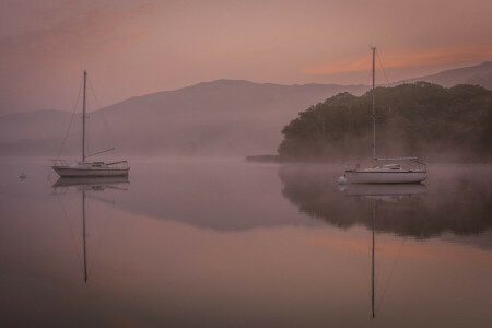 boat, fog, lake, mountains, the sky, trees, yacht