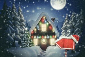 Christmas, Hut, Merry, New Year, night, snow, winter