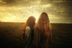 arte, uccelli, TJ Drysdale, due ragazze, Scritto sul cielo