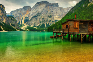 Barche, verdura, Italia, lago, Lago Sudtirol, montagne, molo, rocce