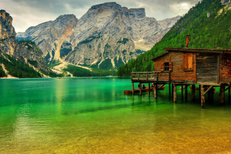 barcos, verduras, Italia, lago, Lago Sudtirol, montañas, muelle, rocas