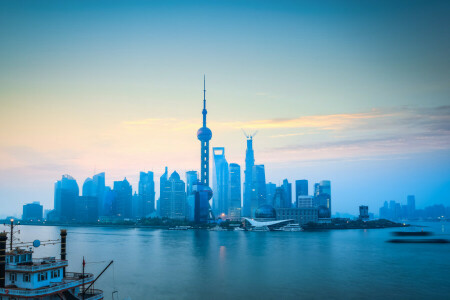 Bund, China, mist, nevel, huis, landschap, Pudong, rivier-