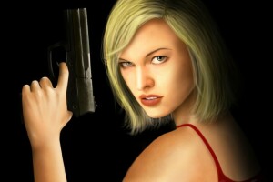 Alice, black background, girl, gun, haircut, look, Milla Jovovich