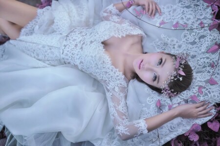 asian, look, the bride, wedding dress, wreath