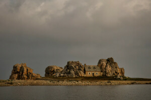 Bretaña, nubes, Francia, casa, rocas, El castillo meur, el cielo