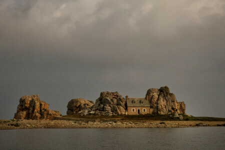 Bretagne, skyer, Frankrig, hus, klipper, Castel Meur, himlen