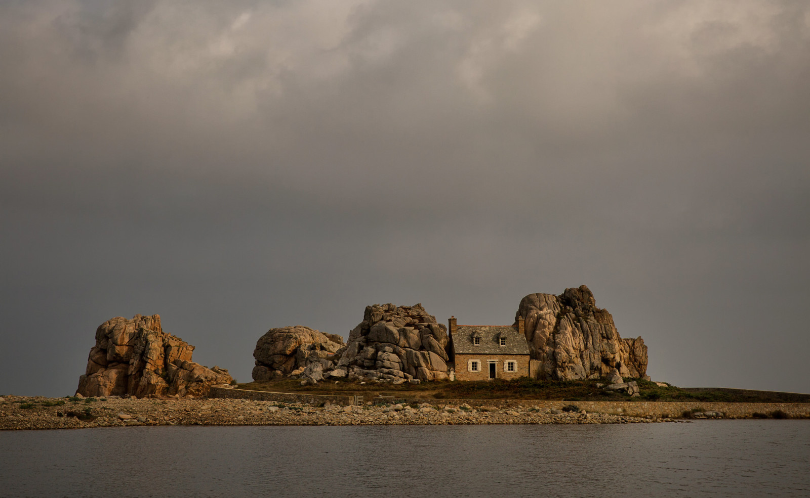 the sky, house, France, clouds, rocks, Brittany, The Castel Meur