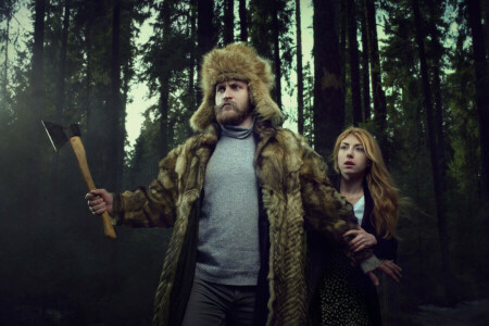 Axe, forest, girl, Man, protection