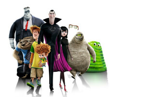 cartoon, characters, Dennis, Dracula, Frankenstein, Jonathan, Mavis, white background