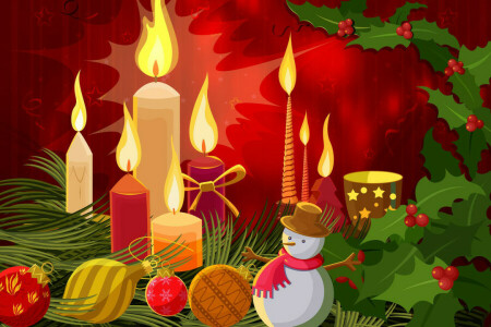 ball, candle, Christmas, New Year, postcard, snowman, Vector