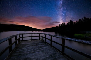 Brug, meer, landschap, nacht