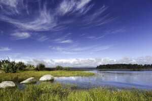 clouds, grass, lake, Lake Mahinapua, New Zealand, stones, the bushes, the sky