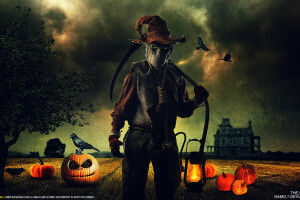 bag, braid, crows, danger, eyes, Halloween, hat, house