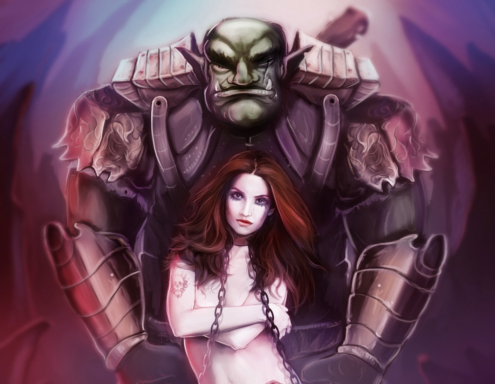 girl, art, monster, tattoo, chain, Orc