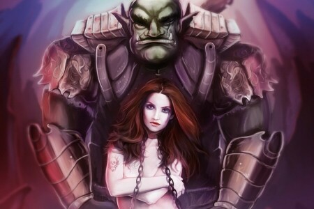 art, chain, girl, monster, Orc, tattoo