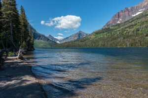 Glacier National Park, lake, Montana, mountains, the sky, trees, USA