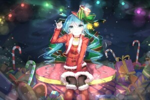 anime, Arte, bai yemeng, caramelo, Navidad, regalos, niña, sombrero