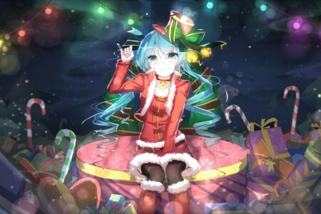 anime, art, bai yemeng, bonbons, Noël, cadeaux, fille, chapeau