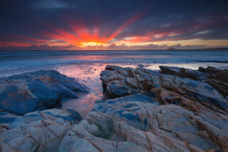 dawn, landscape, shore, stones, The ocean