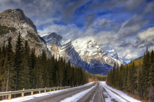 clouds, forest, highway, mountains, road, snow, the sky