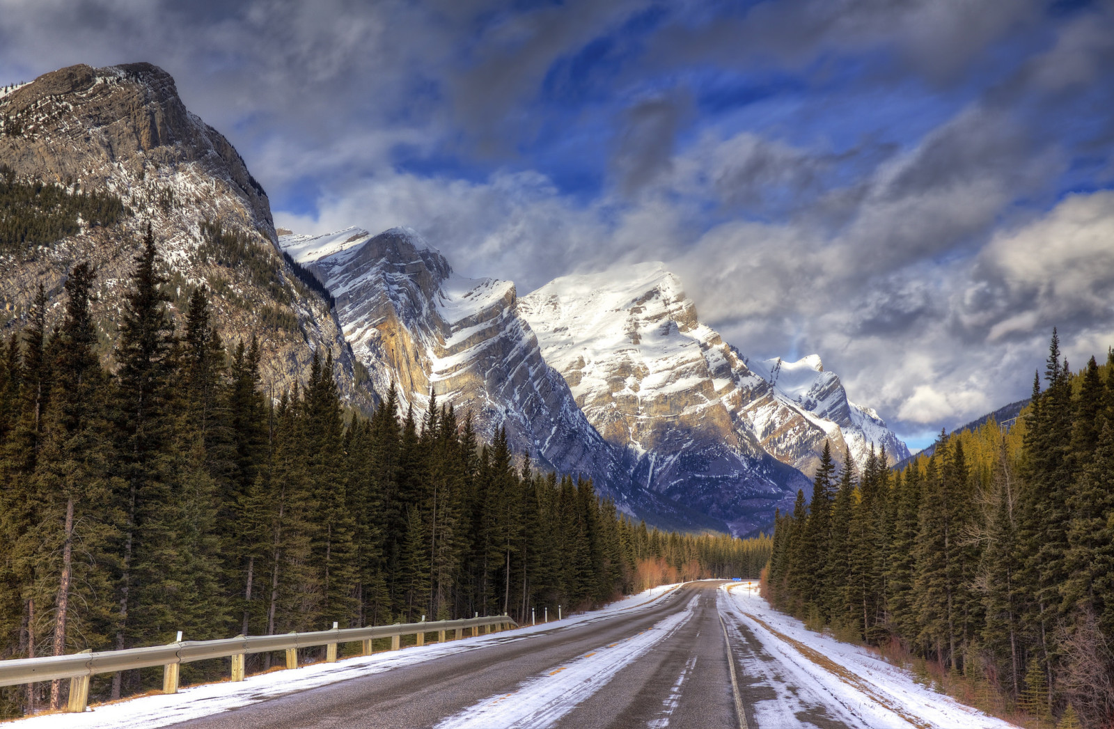 snow, forest, the sky, road, clouds, mountains, highway