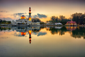 jezioro, światła, Meczet, zachód słońca, wieczór, minaret, niebo, drzewa