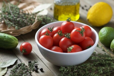 tigela, pepino, limão, Lima, Tomilho, tomates, legumes