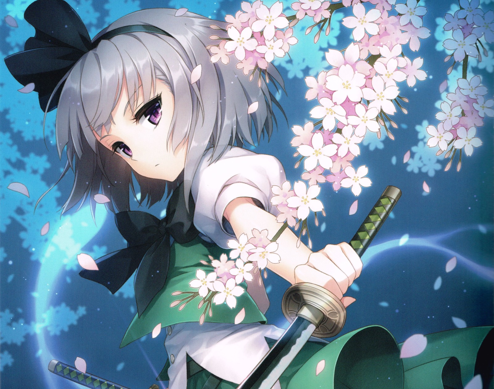 pige, blomster, kunst, våben, anime, katana, Sakura, Konpaku Youmu