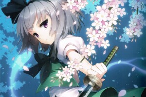 an2a, anime, Művészet, virágok, lány, katana, Konpaku Youmu, Sakura