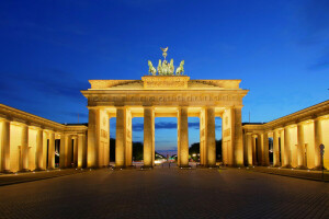 Berlina, capital, portón, Alemania, luces, la noche, el cielo