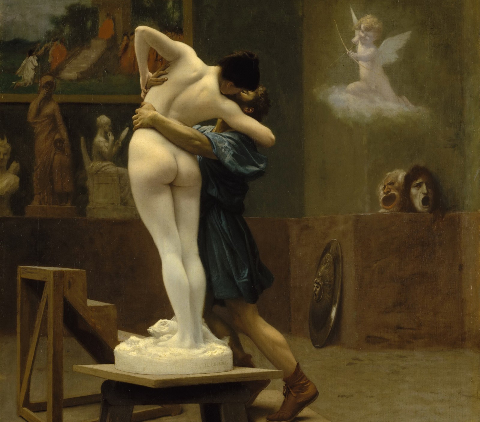 bilde, interiør, verksted, mytologi, Jean-Leon Gerome, Pygmalion og Galatea