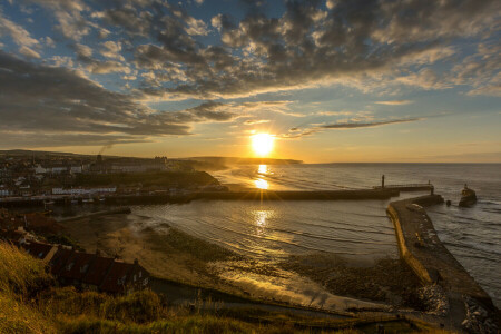 bakens, wolken, kust, Engeland, huis, horizon, zee, De stralen van de zon