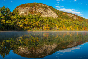 otoño, Echo Lake, lago, Montaña, Nuevo Hampshire, reflexión, rocas, apuntalar