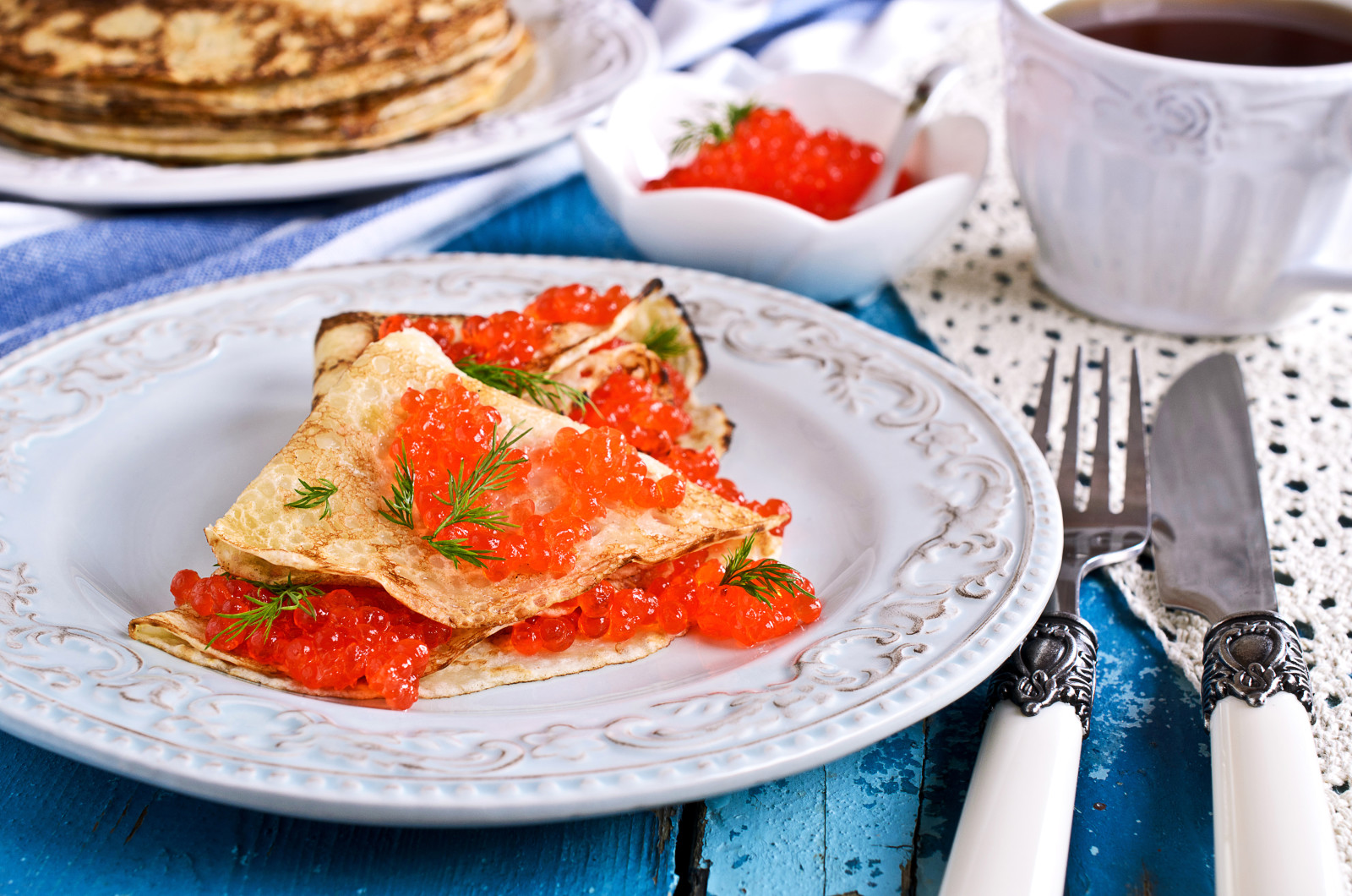 rojo, comida, panqueques, caviar