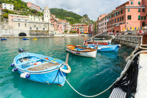 Baai, boot, Cinque Terre, huis, Italië, bergen, Vernazza