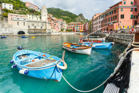 Baía, barco, Cinque Terre, casa, Itália, montanhas, Vernazza