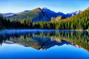 floresta, lago, montanhas, o céu