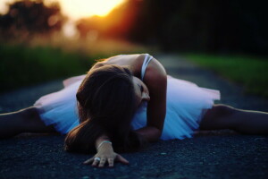 girl, road, sunset