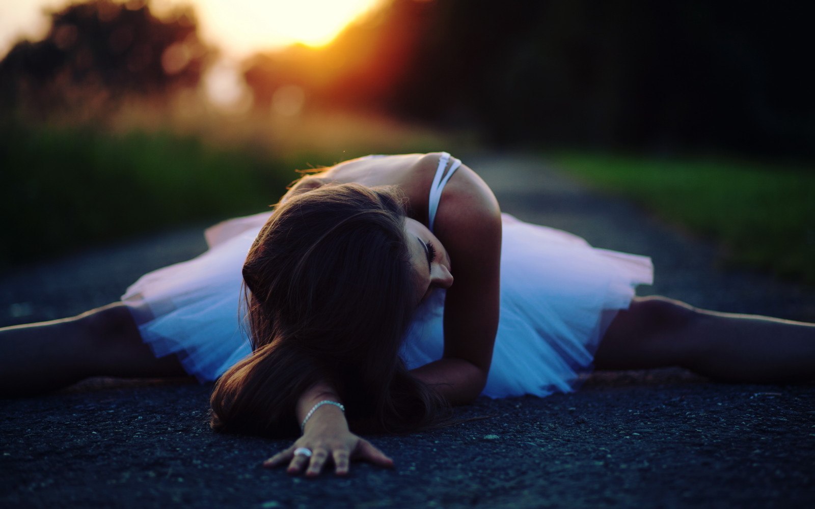 girl, sunset, road