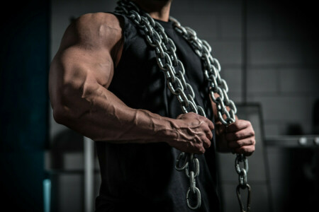 arms, broad chest, chains, muscular