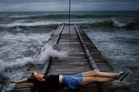 ponte, ragazza, mare