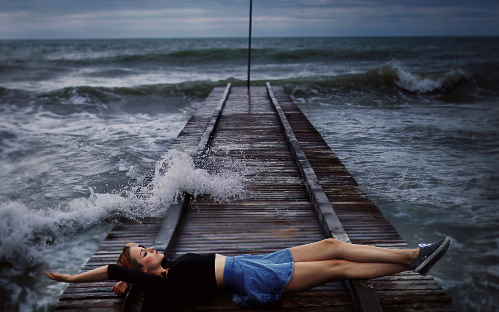 ragazza, mare, ponte