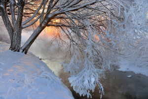 paisaje, montañas, naturaleza, río, nieve, puesta de sol, arboles, invierno