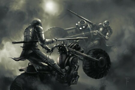 art, brume, chevaliers, motocyclettes, pics, le combat